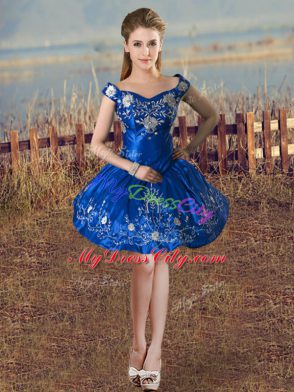 Off The Shoulder Sleeveless Sweet 16 Quinceanera Dress Floor Length Embroidery and Ruffled Layers Royal Blue Satin and Organza