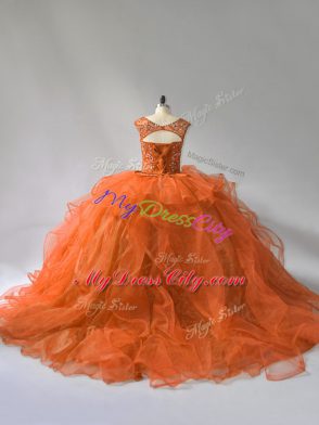 Fantastic Rust Red Quinceanera Dress Scoop Sleeveless Brush Train Lace Up