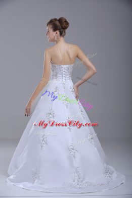 Fabulous Brush Train Ball Gowns Wedding Dresses White Strapless Satin Sleeveless Lace Up