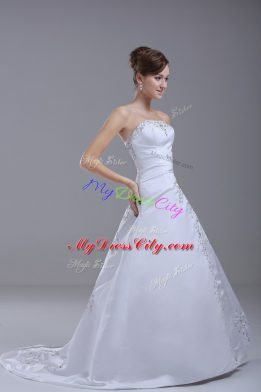 Fabulous Brush Train Ball Gowns Wedding Dresses White Strapless Satin Sleeveless Lace Up