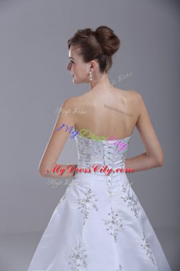 Fabulous Brush Train Ball Gowns Wedding Dresses White Strapless Satin Sleeveless Lace Up