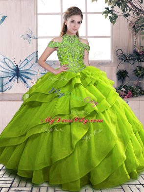 Top Selling High-neck Sleeveless Vestidos de Quinceanera Floor Length Beading and Ruffled Layers Olive Green Organza