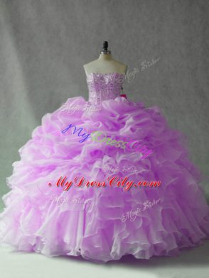 Organza Sleeveless Ball Gown Prom Dress Brush Train and Beading and Ruffles and Pick Ups