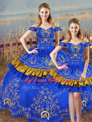 Blue Lace Up Off The Shoulder Embroidery 15th Birthday Dress Satin Sleeveless