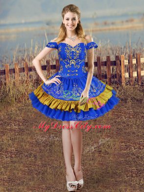 Blue Lace Up Off The Shoulder Embroidery 15th Birthday Dress Satin Sleeveless