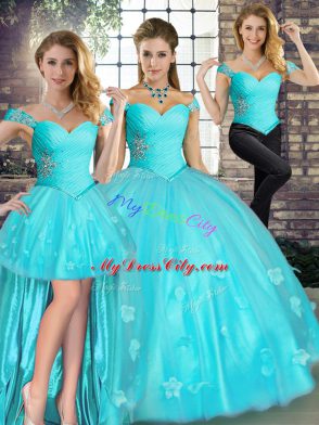 Attractive Off The Shoulder Sleeveless Lace Up 15th Birthday Dress Aqua Blue Tulle