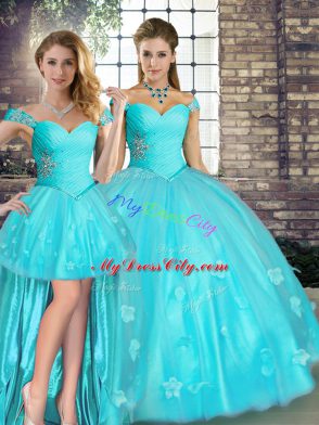 Attractive Off The Shoulder Sleeveless Lace Up 15th Birthday Dress Aqua Blue Tulle