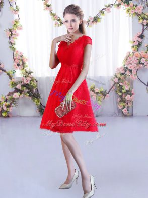 Flirting Mini Length A-line Cap Sleeves Red Bridesmaids Dress Lace Up