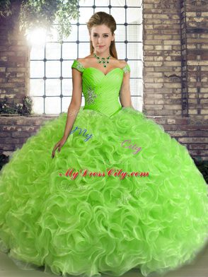 Off The Shoulder Sleeveless 15th Birthday Dress Floor Length Beading Fabric With Rolling Flowers