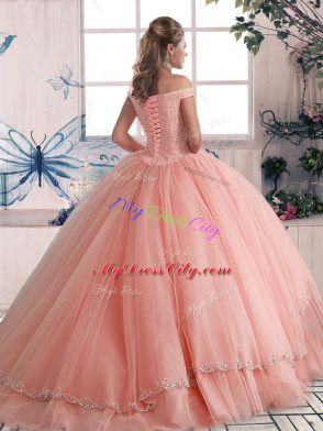 Hot Selling Light Blue Off The Shoulder Lace Up Beading Quinceanera Dress Brush Train Sleeveless