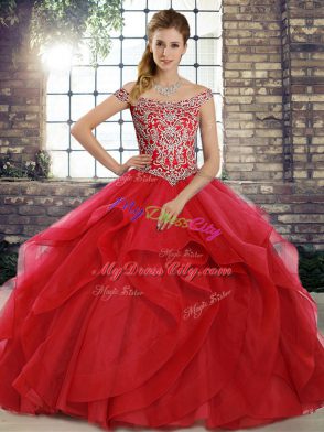 Perfect Red Sweet 16 Dress Off The Shoulder Sleeveless Brush Train Lace Up