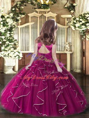 Sleeveless Tulle Floor Length Lace Up Child Pageant Dress in Red with Ruffles