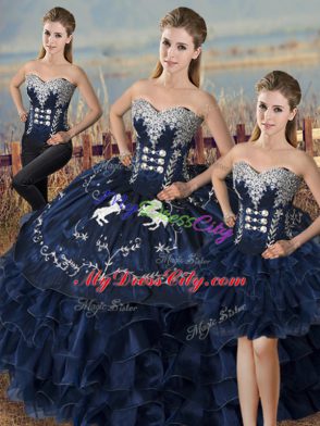 Graceful Navy Blue Ball Gowns Satin and Organza Sweetheart Sleeveless Embroidery and Ruffles High Low Lace Up 15 Quinceanera Dress