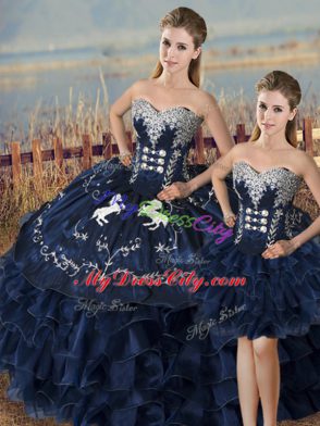 Graceful Navy Blue Ball Gowns Satin and Organza Sweetheart Sleeveless Embroidery and Ruffles High Low Lace Up 15 Quinceanera Dress