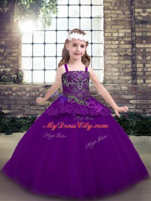 Pretty Floor Length Purple Kids Formal Wear Straps Sleeveless Lace Up