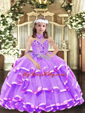 Lavender Lace Up High-neck Appliques and Ruffled Layers Little Girls Pageant Gowns Organza Sleeveless