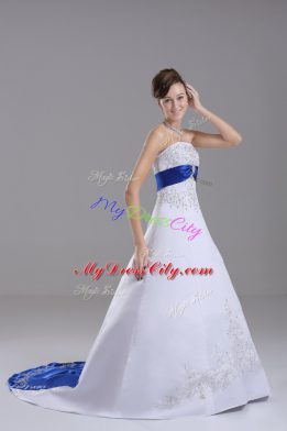 Spectacular White Sleeveless Satin Brush Train Lace Up Wedding Dresses for Wedding Party