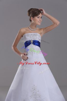 Spectacular White Sleeveless Satin Brush Train Lace Up Wedding Dresses for Wedding Party