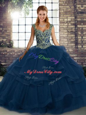 Dynamic Blue Tulle Lace Up Vestidos de Quinceanera Sleeveless Floor Length Beading and Ruffles