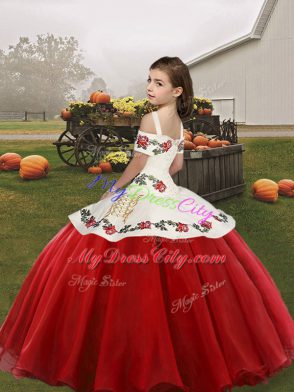 Pretty Coral Red Lace Up Straps Embroidery Little Girls Pageant Gowns Organza Sleeveless