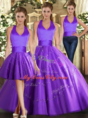 Purple Tulle Lace Up Halter Top Sleeveless Floor Length 15th Birthday Dress Beading