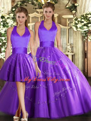 Purple Tulle Lace Up Halter Top Sleeveless Floor Length 15th Birthday Dress Beading