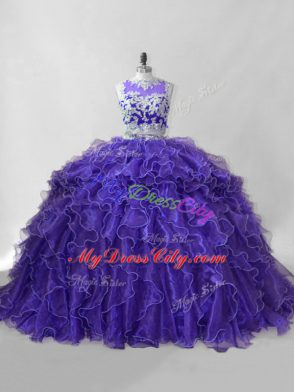 Noble Purple Organza Zipper Scoop Sleeveless Sweet 16 Quinceanera Dress Brush Train Beading and Ruffles