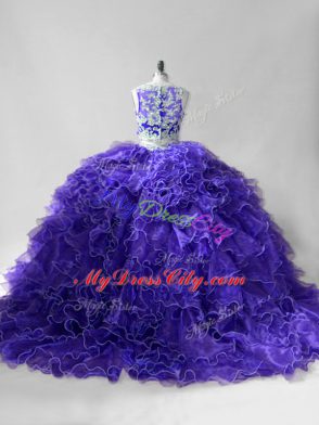 Noble Purple Organza Zipper Scoop Sleeveless Sweet 16 Quinceanera Dress Brush Train Beading and Ruffles