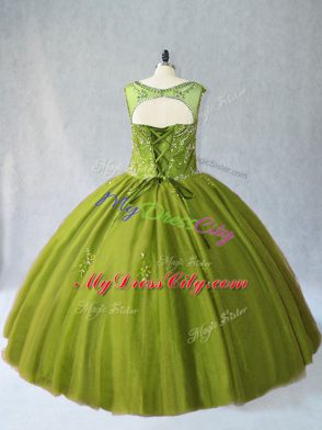 High Quality Floor Length Lace Up Quinceanera Gown Olive Green for Sweet 16 and Quinceanera with Beading