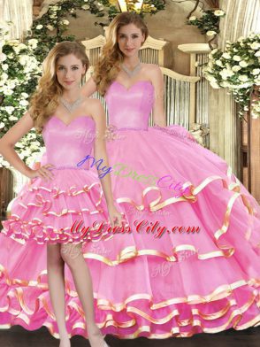 Glamorous Rose Pink Sleeveless Organza Lace Up Quinceanera Dress for Military Ball and Sweet 16 and Quinceanera