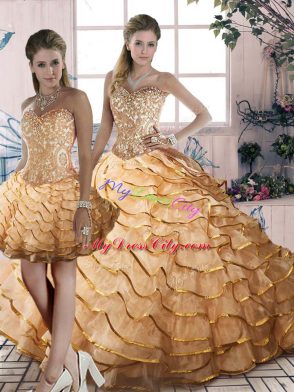 Sweetheart Sleeveless Organza Quinceanera Dresses Beading and Ruffles Brush Train Lace Up