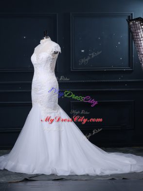 High Class Tulle High-neck Cap Sleeves Court Train Clasp Handle Lace Bridal Gown in White