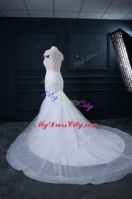 High Class Tulle High-neck Cap Sleeves Court Train Clasp Handle Lace Bridal Gown in White