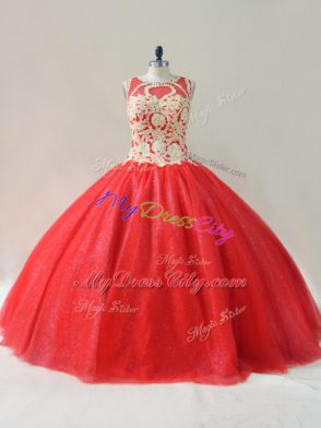 Red Sleeveless Tulle Lace Up 15 Quinceanera Dress for Sweet 16 and Quinceanera