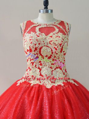 Red Sleeveless Tulle Lace Up 15 Quinceanera Dress for Sweet 16 and Quinceanera