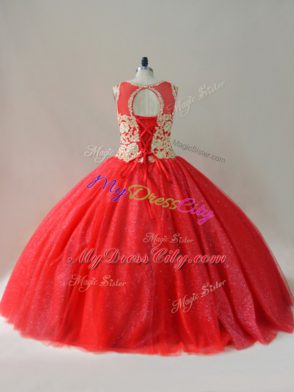 Red Sleeveless Tulle Lace Up 15 Quinceanera Dress for Sweet 16 and Quinceanera