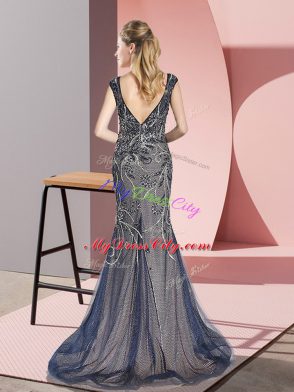 Peacock Green Mermaid Tulle V-neck Sleeveless Beading Zipper Homecoming Dress Sweep Train