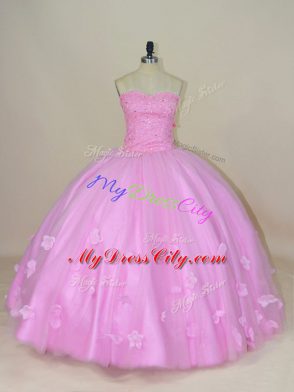 Sweetheart Sleeveless 15th Birthday Dress Floor Length Beading and Hand Made Flower Lilac Tulle