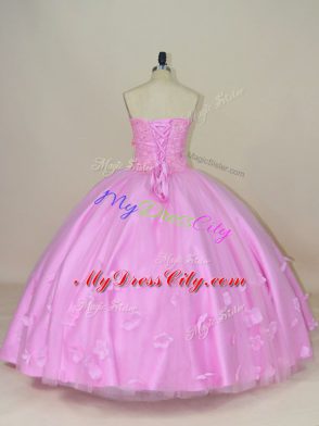 Sweetheart Sleeveless 15th Birthday Dress Floor Length Beading and Hand Made Flower Lilac Tulle