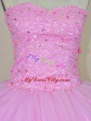 Sweetheart Sleeveless 15th Birthday Dress Floor Length Beading and Hand Made Flower Lilac Tulle