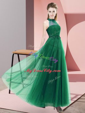 Beautiful Sleeveless Floor Length Beading and Appliques Lace Up Bridesmaid Dresses with Dark Green