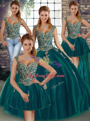 Extravagant Peacock Green Tulle Lace Up Straps Sleeveless Floor Length Quinceanera Gown Beading and Appliques