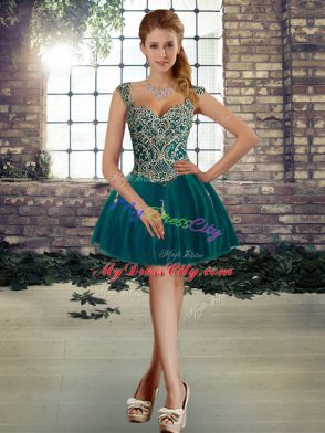 Extravagant Peacock Green Tulle Lace Up Straps Sleeveless Floor Length Quinceanera Gown Beading and Appliques