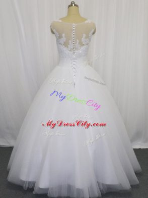 White Tulle Clasp Handle Wedding Dresses Sleeveless Floor Length Beading and Lace and Hand Made Flower