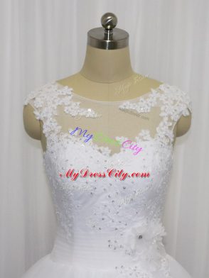 White Tulle Clasp Handle Wedding Dresses Sleeveless Floor Length Beading and Lace and Hand Made Flower