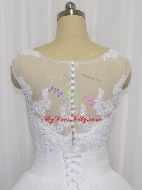 White Tulle Clasp Handle Wedding Dresses Sleeveless Floor Length Beading and Lace and Hand Made Flower