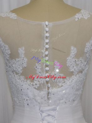 White Tulle Clasp Handle Wedding Dresses Sleeveless Floor Length Beading and Lace and Hand Made Flower