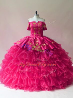 Fuchsia Sleeveless Floor Length Embroidery and Ruffled Layers Lace Up Quince Ball Gowns