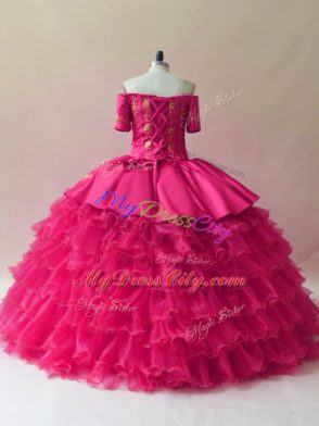 Fuchsia Sleeveless Floor Length Embroidery and Ruffled Layers Lace Up Quince Ball Gowns