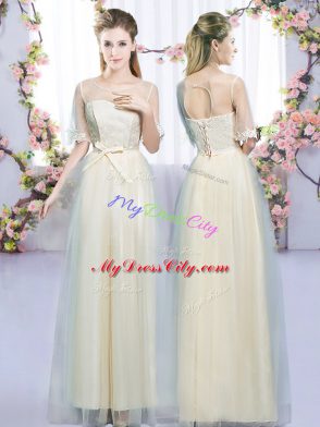 Champagne Wedding Party Dress Wedding Party with Lace and Bowknot Scoop Sleeveless Lace Up